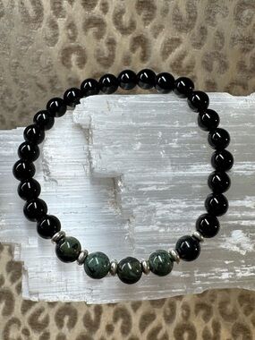 Kambaba Jasper & Black Obsidian Crystal Gemstone Stretch Bracelet